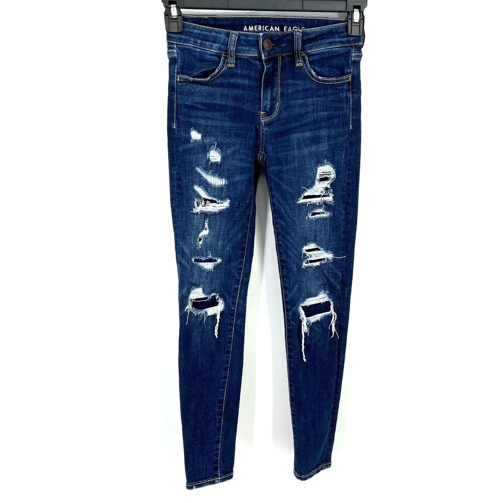 American Eagle Next Level Stretch Denim Jegging Jeans Womens Size 0 Frayed Holes
